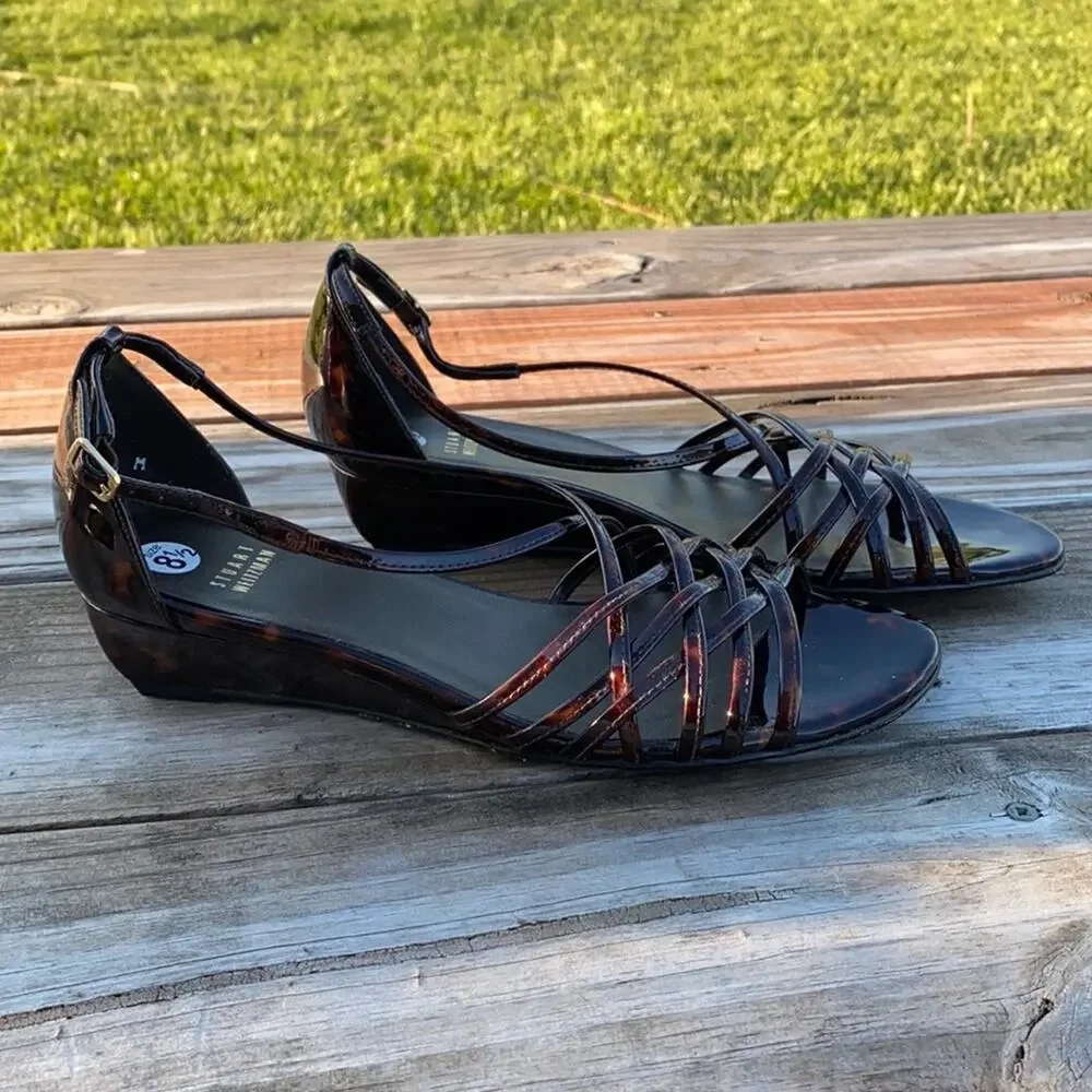New Stuart Weitzman Brown Patent Leather Open Toe Strappy Wedge Sandals 8 1/2 M - Picture 3 of 11